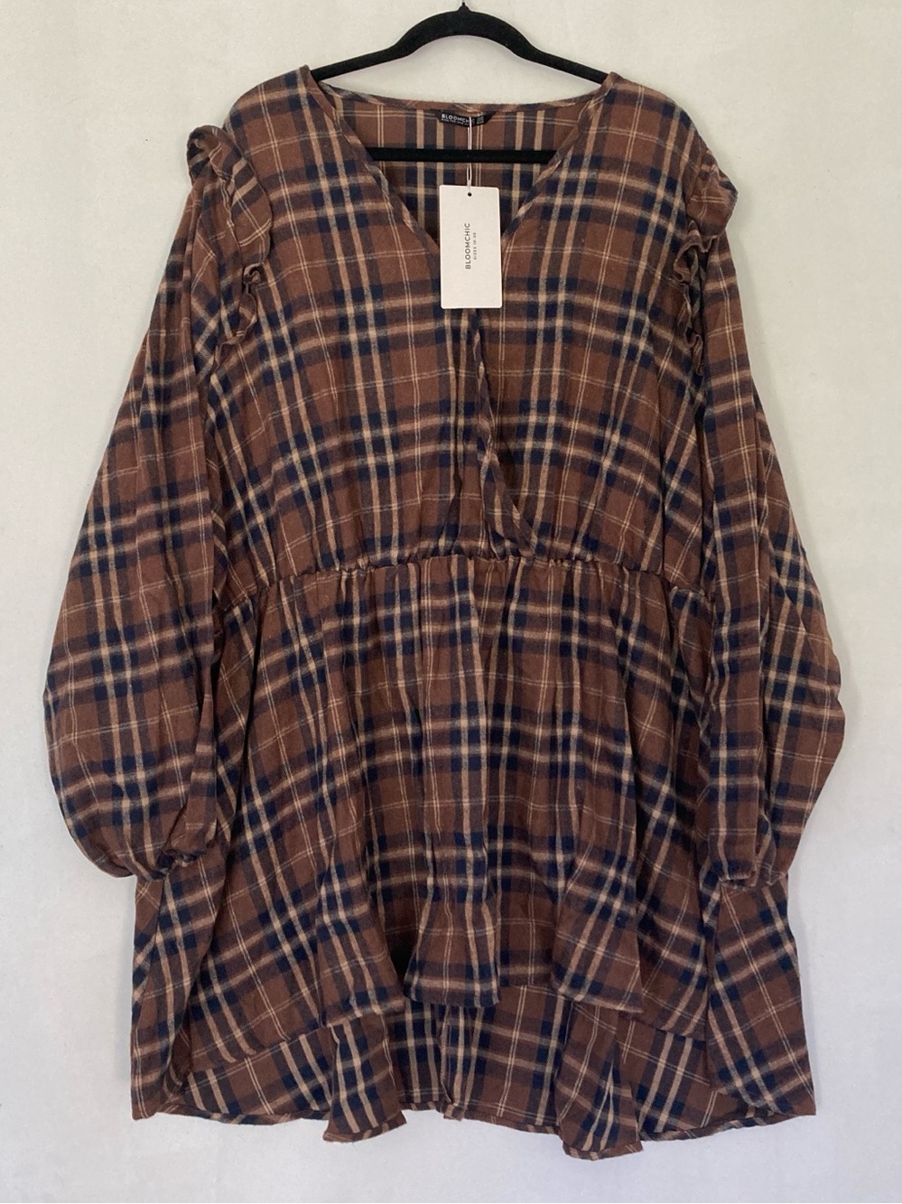 Bloomchic V Neck Plaid Ruffles Sleevele Dress brown Sz 30 Oversized - Picture 15 of 16